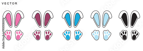 Bunny faces. Rabbit ears and footprint, paws, hole vector illustration on a white background