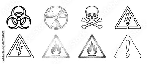 Set of hand-drawn warning symbols including biohazard, radiation, toxic skull, and high voltage signs in a black and white sketch illustration style for safety and hazard concepts