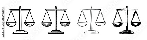 Set of four hand-drawn scales of justice icons in various artistic styles, including sketch, doodle, and ink brush, symbolizing law, balance, and legal judgment