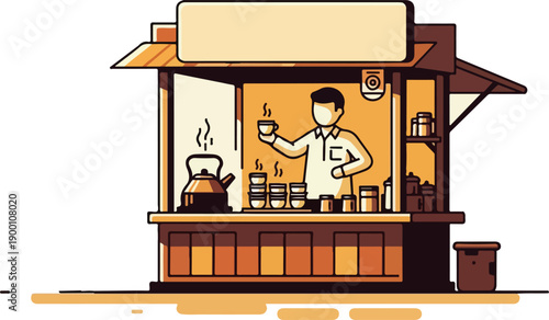 Pixel art of a man preparing coffee in a small cafe cart with warm tones and a minimalist background.