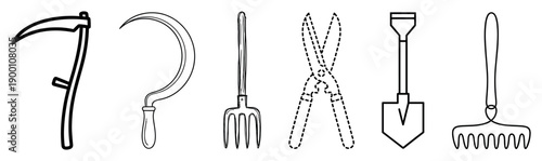 Collection of farming and gardening tools drawn in a simple black line art style, featuring a scythe, sickle, pitchfork, shears, shovel, and a rake in a row