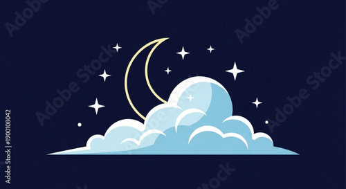 A minimalist vector graphic of a crescent moon and stars in a night sky