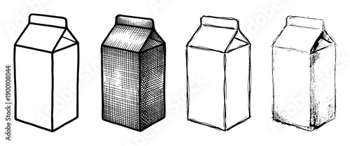 Four hand-drawn milk carton illustrations in various artistic styles, including clean line art, crosshatching, rough sketch, and grunge texture for a versatile design set