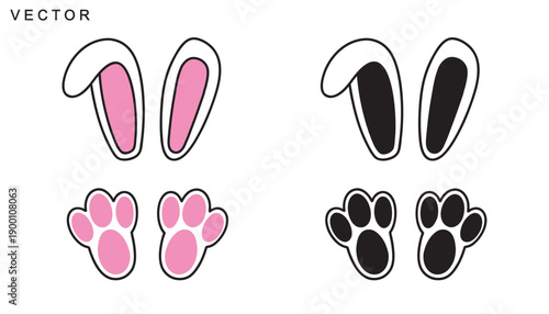 Bunny faces. Rabbit ears and footprint, paws, hole vector illustration on a white background