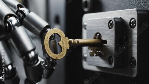 Wallpaper Mural Robotic Hand Unlocking a Lock, Close-up of a robotic hand inserting a key into a lock Torontodigital.ca