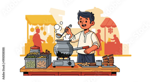 Illustration of a man cooking at an outdoor food stall with various dishes and ingredients.