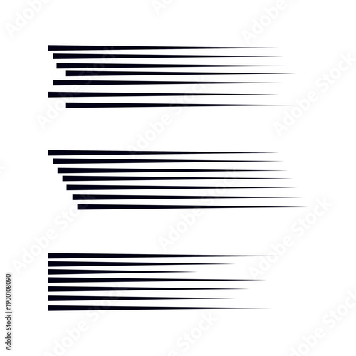 Three sets of parallel horizontal lines fading and tapering to the right, minimalist black design showing gradient thickness and motion effect for graphic