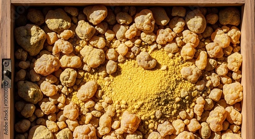 Pile of sulfur rocks and yellow powder in wooden box close up macro view