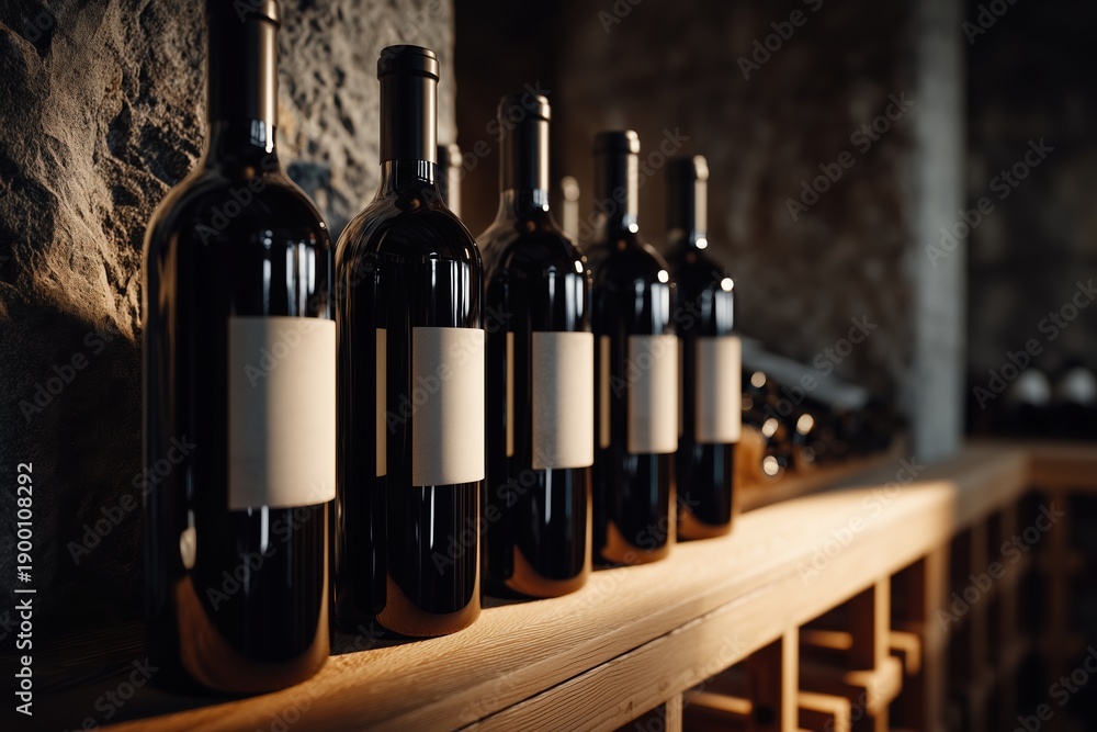 Fototapeta premium Row of dark glass wine bottles on rustic wooden shelf in authentic stone cellar with cinematic depth of field and professional lighting
