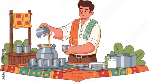 Cartoon illustration of a man pouring tea from a kettle into a cup on a colorful table with metal containers and a sign in the background, conveying a lively and casual atmosphere.