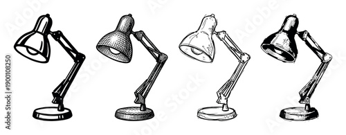 Four hand-drawn architect style desk lamps illustrated in a collection of various sketch and doodle techniques with detailed cross-hatching and bold line art