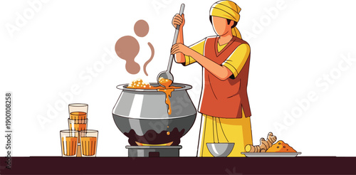 Illustration of a chef stirring food in a large pot with ingredients on a counter against a white background.