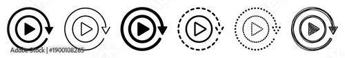 Set of black replay video icons in various styles including solid, outline, dashed, dotted, and hand-drawn sketch for user interface design and multimedia applications