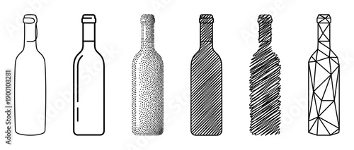 Set of six wine bottle illustrations shows different artistic styles including line art, stippling, hatching, scribble, and low poly geometric design for graphic elements