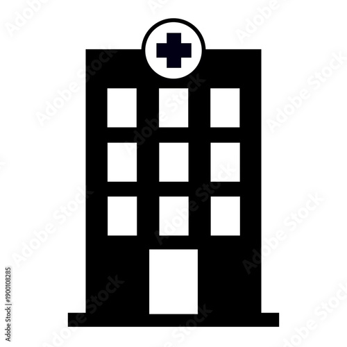 Black hospital building silhouette icon with grid windows, central entrance, and medical cross symbol representing healthcare facility on white background