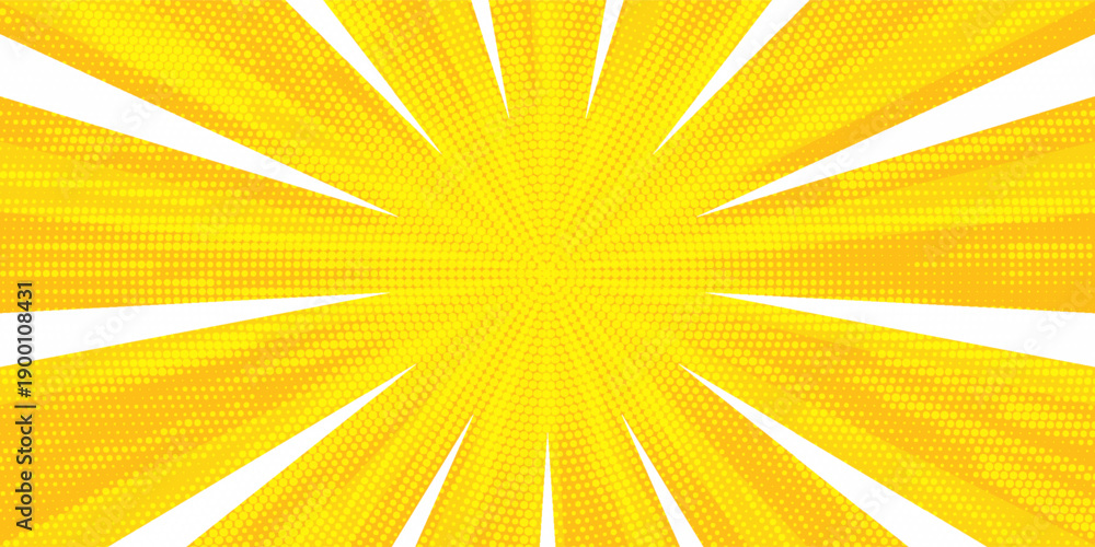 Fototapeta premium Yellow comics background with speed or explosion effect. Comic halftone gradation gradient. Simple polka dots pattern. Dynamic motion in manga. Radial anime speed lines. Zoom effect for books