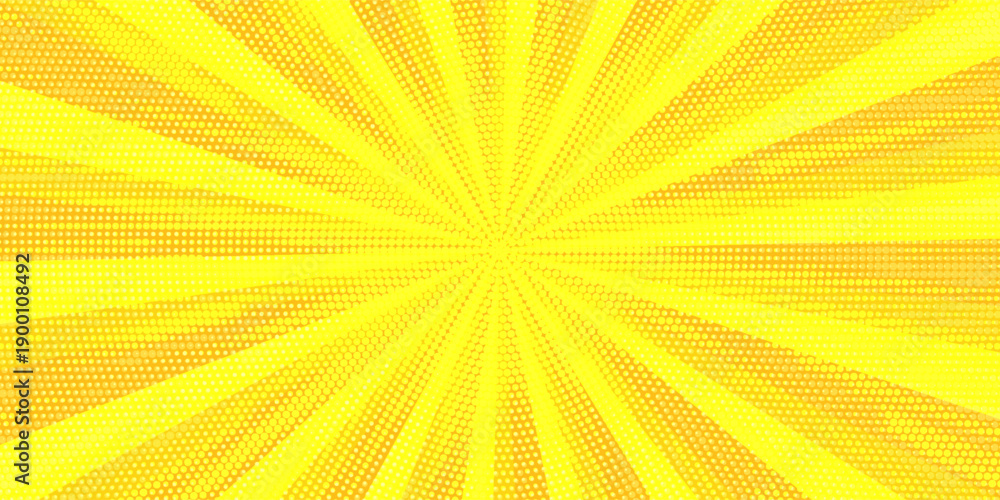 Obraz premium Yellow comics background with speed or explosion effect. Comic halftone gradation gradient. Simple polka dots pattern. Dynamic motion in manga. Radial anime speed lines. Zoom effect for books