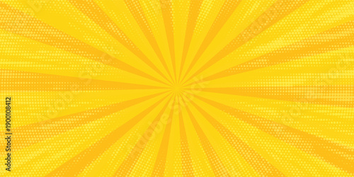 Yellow comics background with speed or explosion effect. Comic halftone gradation gradient. Simple polka dots pattern. Dynamic motion in manga. Radial anime speed lines. Zoom effect for books