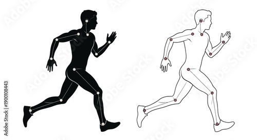 Human figure in running pose depicted with skeletal joint markers