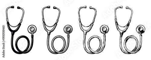 Set of four medical stethoscopes illustrated in various black and white hand-drawn styles, from clean line art to rough sketches, representing healthcare diagnostics