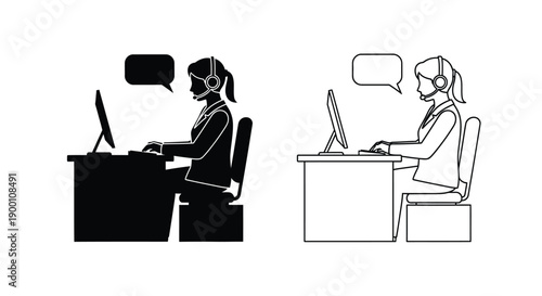 Two silhouettes of women wearing headsets while working at desks