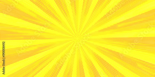 Yellow comics background with speed or explosion effect. Comic halftone gradation gradient. Simple polka dots pattern. Dynamic motion in manga. Radial anime speed lines. Zoom effect for books