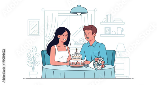 Couple celebrates a birthday with a cake and flowers at home