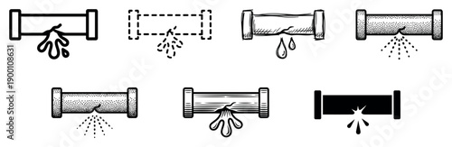 Set of black and white leaking pipe icons showing various styles of damage and water leakage, including line art, sketch, silhouette, and stippling for plumbing concepts