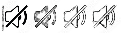 Four hand-drawn black no sound icons in a collection of various sketch and doodle styles, showing a crossed-out speaker symbol for silent mode or audio off