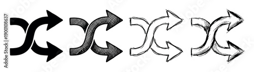 Set of four hand-drawn shuffle icons with crossed arrows, illustrated in various artistic styles from solid black silhouette and textured to a rough sketchy line art