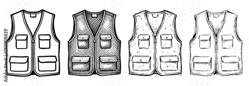 Four hand-drawn fishing or hunting vests illustrated in different sketch and line art styles, a collection of sleeveless gilets with multiple utility pockets