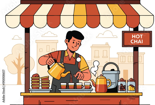 Cartoon man preparing hot chai at an outdoor food cart with a striped awning and steaming kettle.