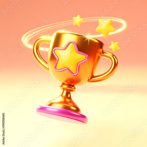 3D Golden Champion Trophy Cup with Star – Winner Award for Sports, Soccer, Contest Podium Ceremony Prize