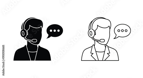 Two customer service representatives with headsets and speech bubbles