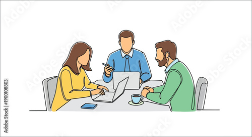 Three professionals are meeting around a table discussing work and taking notes