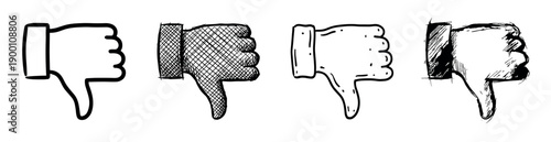 Four hand-drawn thumbs down gesture icons in a doodle style with different textures like crosshatching and stippling, representing disapproval, rejection, and negative feedback