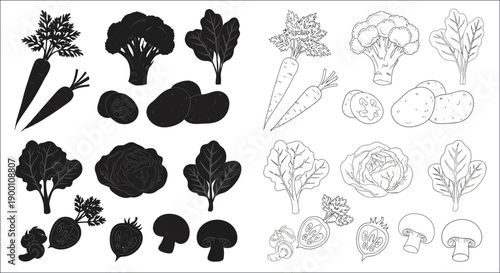 Variety of vegetables illustrated in black and white including roots and greens
