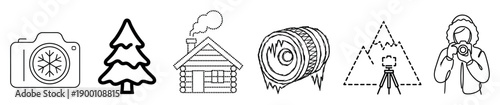 Set of six black winter photography icons in various line art styles, showing a camera, a snowy tree, a log cabin, a frozen mat, a mountain tripod setup, and a person