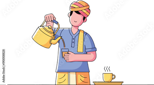 Flat illustration of a man in traditional Indian attire pouring tea from a kettle into a cup on a saucer.