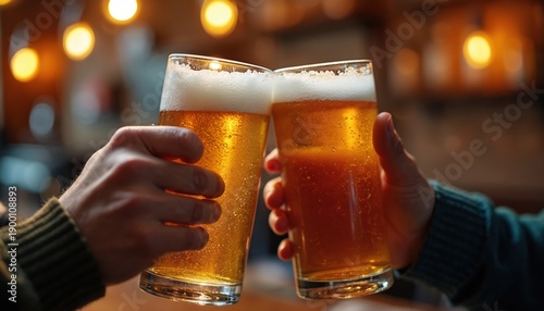 Two hands raise glasses of beer making a toast in a dimly lit pub. Friends celebrate together with refreshing drinks, enjoying casual evening fun and good times.