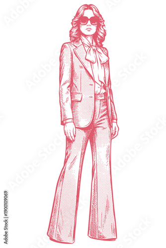 Stylish woman in a retro 1970s pantsuit with flared trousers and sunglasses. Vector illustration in a classic, vintage engraving or sketch style.