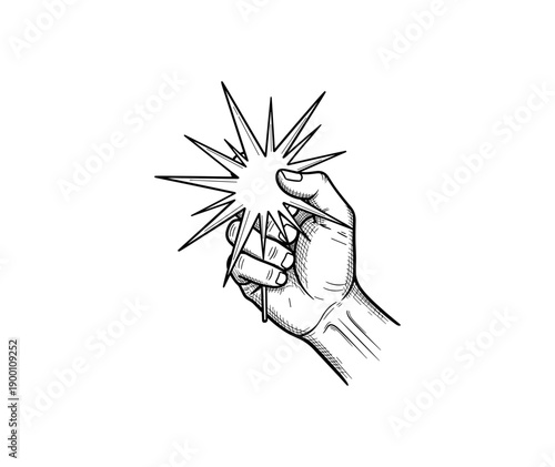 Hand holding sparkler in detailed black and white sketch style