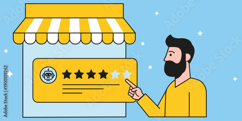 Customer Review illustration: A person reviews a business, giving the business a rating, demonstrating the importance of customer feedback.