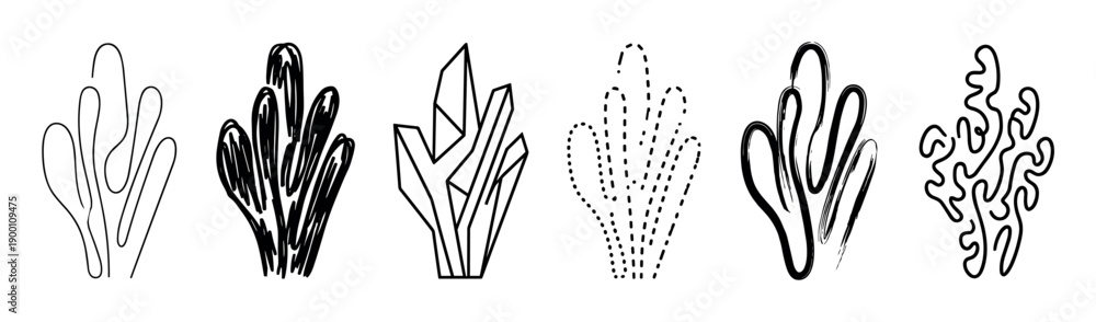 Obraz premium Collection of six abstract black seaweed illustrations rendered in diverse graphic styles like simple line art, geometric facets, hand-drawn sketch, and textured brush strokes