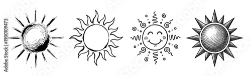 Four black and white hand-drawn sun illustrations in various artistic styles including sketch, doodle, cartoon, and engraving, representing different weather and mood concepts
