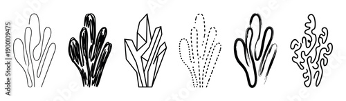 Collection of six abstract black seaweed illustrations rendered in diverse graphic styles like simple line art, geometric facets, hand-drawn sketch, and textured brush strokes