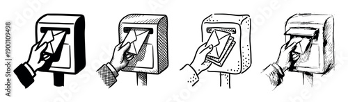 Set of four vintage illustrations showing a hand posting a letter into a public mailbox, rendered in different black and white graphic styles like silhouette and hatching
