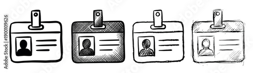 Four hand-drawn identification card icons in a sketchy doodle style show different variations of a security pass with a photo silhouette and personal information lines