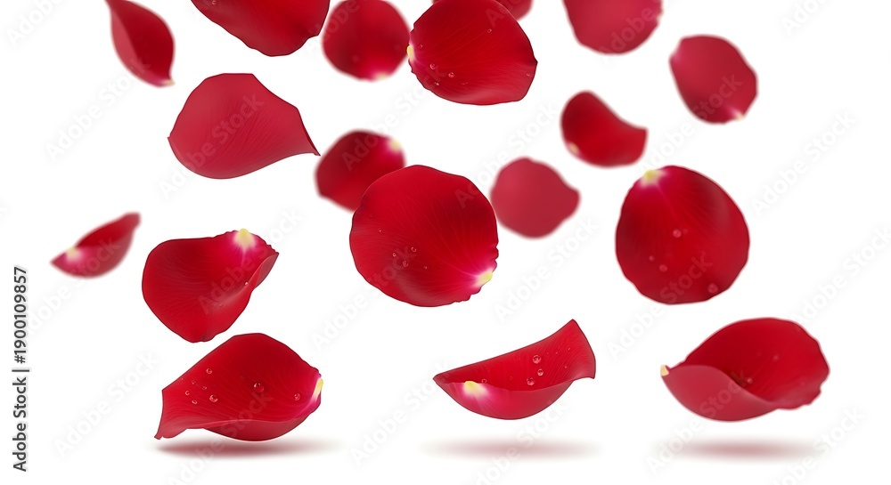 Fototapeta premium Red rose petals falling cut out isolated on white background With shadow. AI GENERATED. 