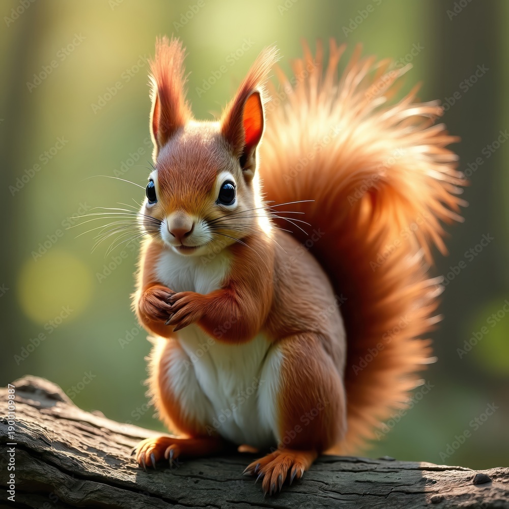 Fototapeta premium Red squirrel with fluffy tail sits on tree branch. Small mammal with large dark eyes looks curious. Animal rests in sunlit forest during day.